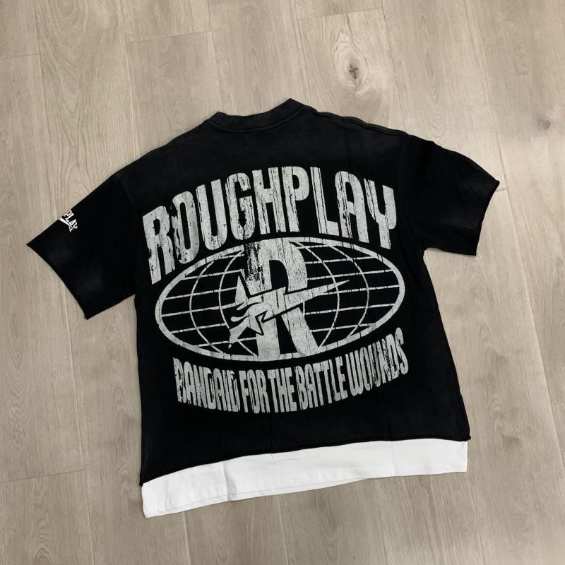 Mens Distressed Cotton Tee With Embroidered Rhinestone Letter Print Loose Fit T-Shirt