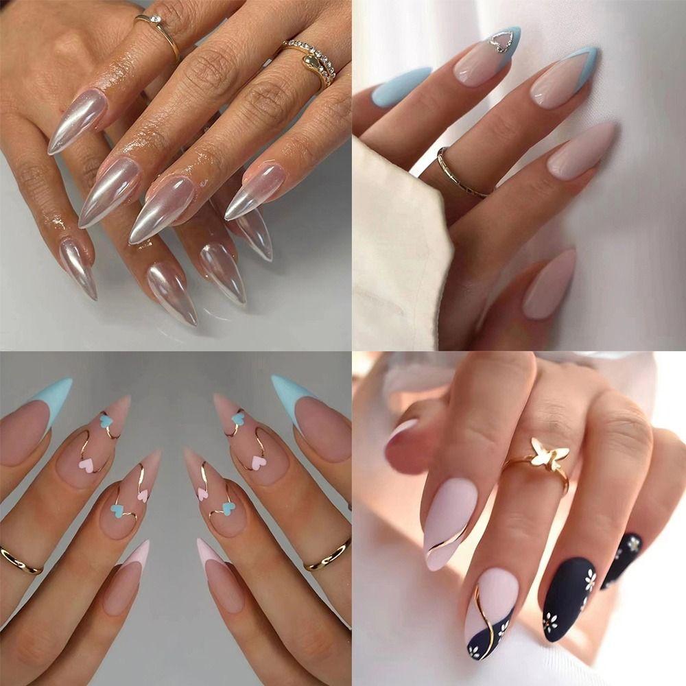 Маникюр Накладные ногти Сердце Любви Цветок Простые Накладные Ногти Искусственные Ногти Серебристые Французские Длинные Миндалевидные