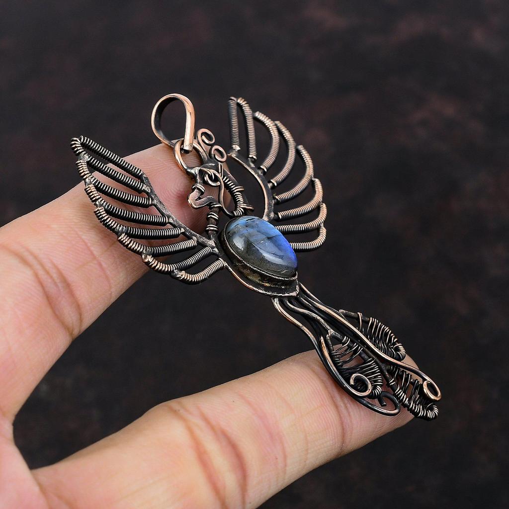 Подвеска из лабрадорита Медная проволока Подвеска Подвеска ручной работы Подвеска в виде птицы Феникс Изысканная подвеска из драгоценного камня Медные украшения Подарок на помолвку