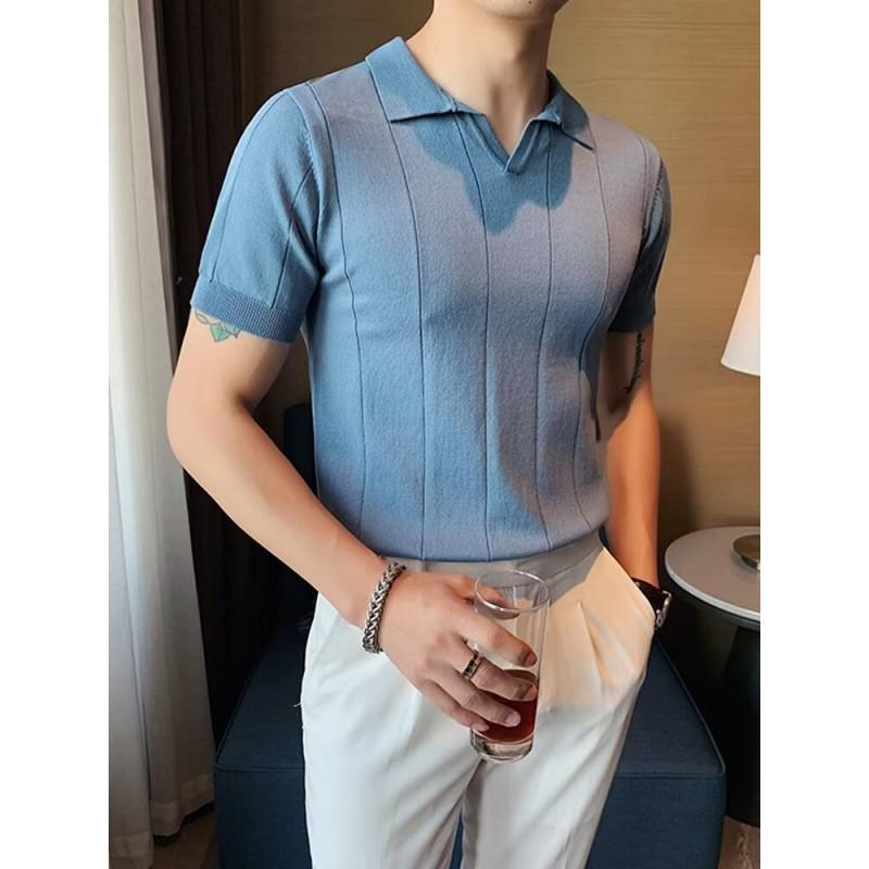 Мужская летняя поло-рубашка в полоску – Короткий рукав, Приталенный крой, V-образный вырез, Деловой кэжуал