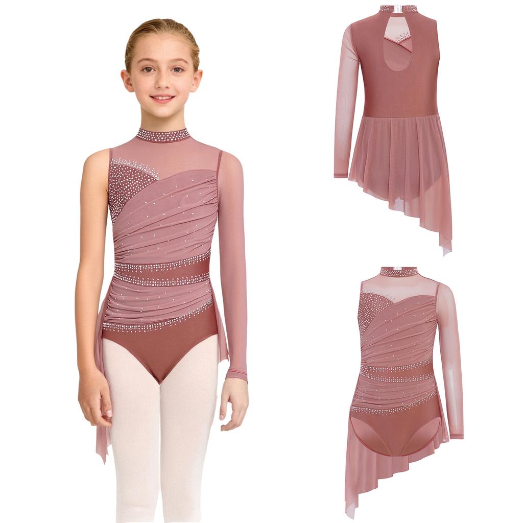 Платье для лирического танца для девочек, костюм для фигурного катания, сверкающие стразы, присборенная сетчатая накидка, асимметричный юбочный купальник