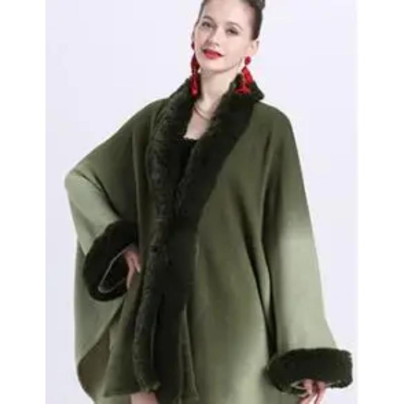 6 Gradient Colors Women Long Faux Rabbit Fur Collar Poncho Cape Knitted Cardigan Outstreet Wear Loose Cloak Batwing Sleeves Coat