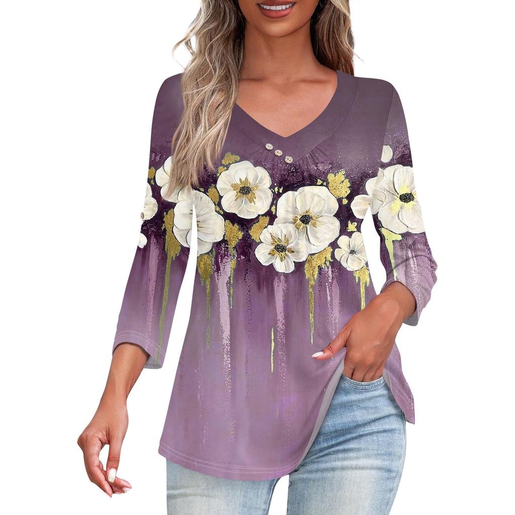 Рубашки для женщин, модные футболки на пуговицах с v-образным вырезом, повседневные летние футболки с принтом, футболка, блузка, топы с рукавами три четверти для женщин
