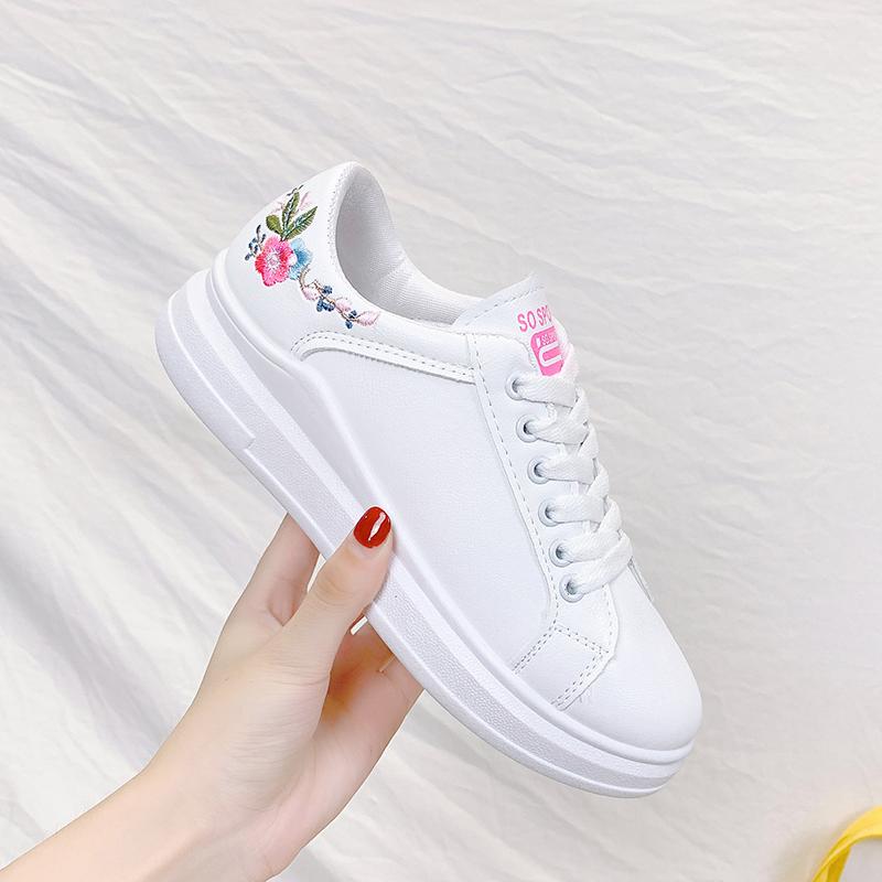 Женские туфли весна Белые удобные кроссовки Дышащие балетки Шнуровка Цветочные женские Повседневные туфли