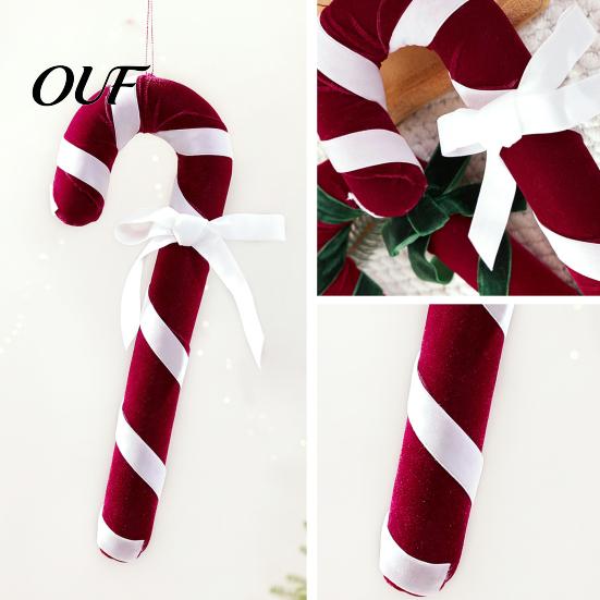 Decorative Christmas Pendant Velvet Candy Cane Ornament, Fabric Decoration with Retro Holiday Ornaments Bow, Xmas Tree Hanging Decor for Party