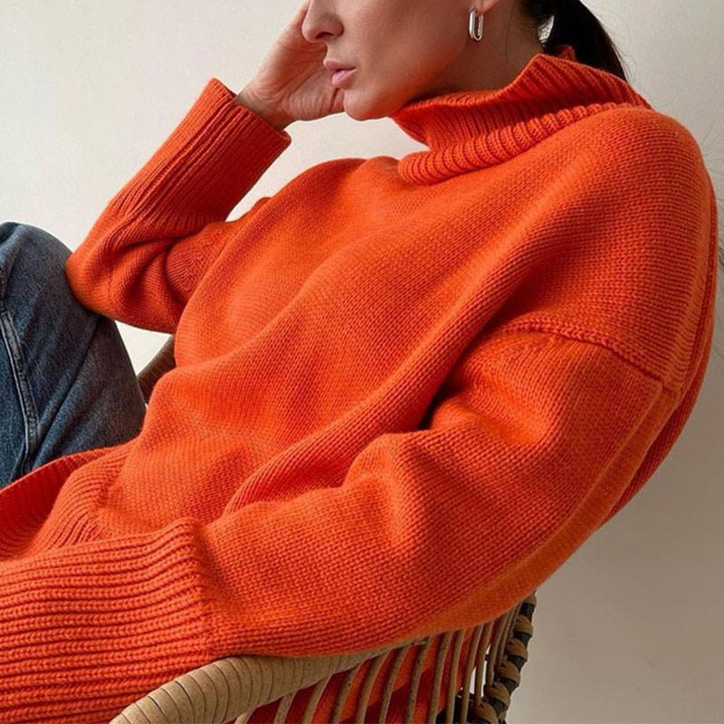Autumn Winter Women Solid Turtleneck Knitted Sweater Pullovers Fashion Female Long Sleeve Loose Oversized Jumper