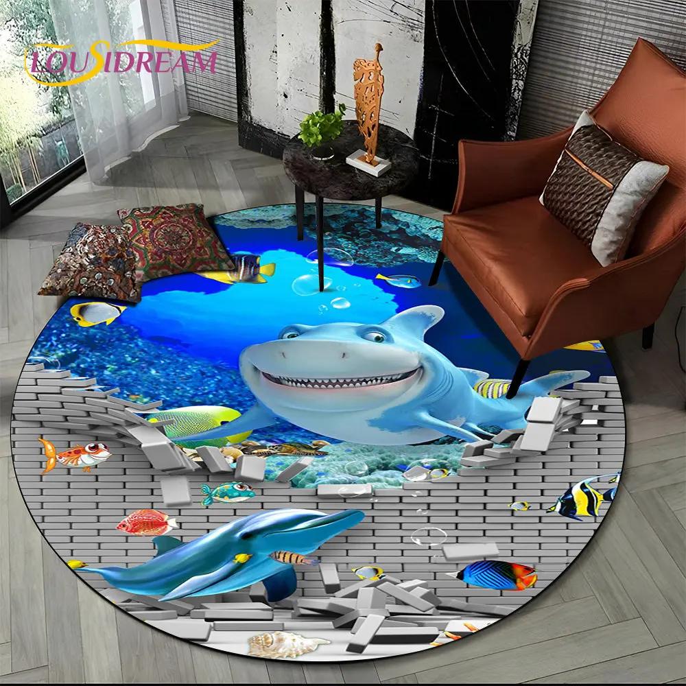 Круглый ковер 3D Иллюзия Морского Дна Дельфин, Коврик с Принтом Подводного Мира Нескользящий для Гостиной, Спальни, Игровой Комнаты, Декора Дома