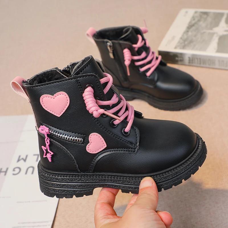 Pink/black Girls Leather Boots with Low Cut Anti Slip Side Zipper Winter Outdoor Girls Fashion Cotton BootsBotas Zapatos De Niña