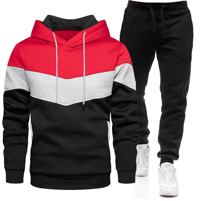 Sports Suit Men's Autumn Winter Plus Size Loose Hooded Sweatshirt Sweatpants Color Blocked 2-piece Set Light Plate
