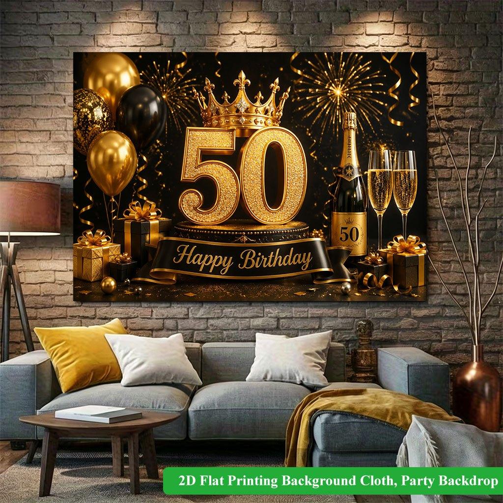 2D Flat Backdrop1pc Gold Theme Birthday Party Anniversary Backdrop Banner Polyester Wall Decor For Living Room Bedroom Office Outdoor Decor
