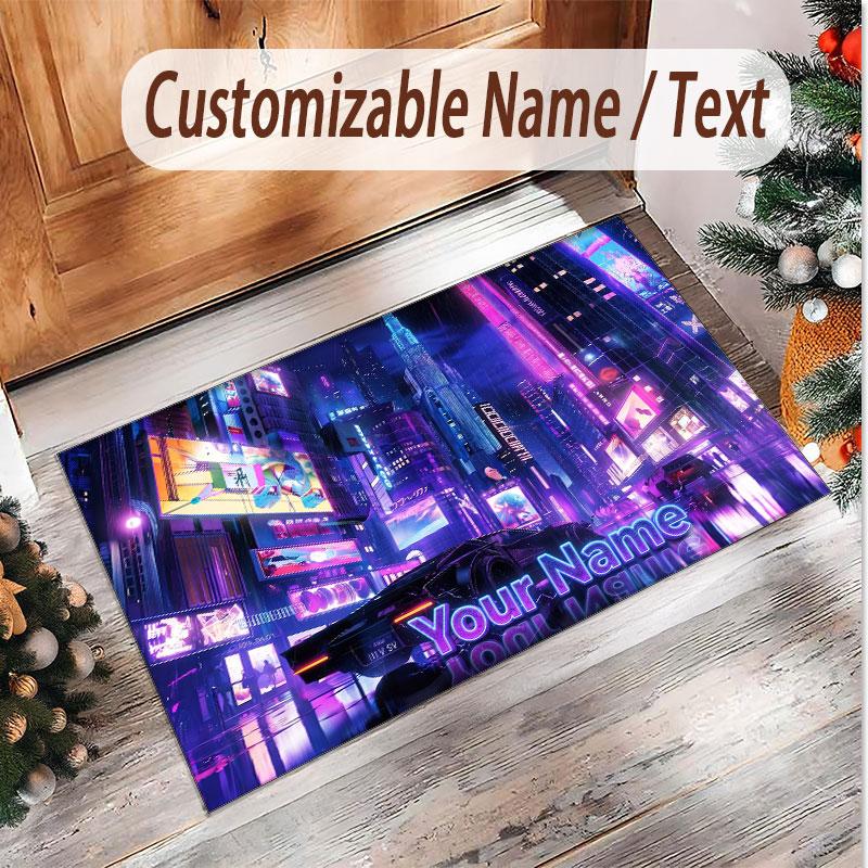 Neon Abstract Theme Soft Crystal Velvet Rug Custom Name & Text Print Non Slip Floor Rug for Bedroom Living Room