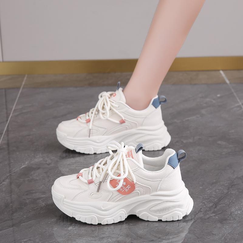 CRLAYDK Designer Chunky Sneakers for Women Platform Leather Lace Up Sport Dad White Shoes Wedge Casual Lady Walking Tennis