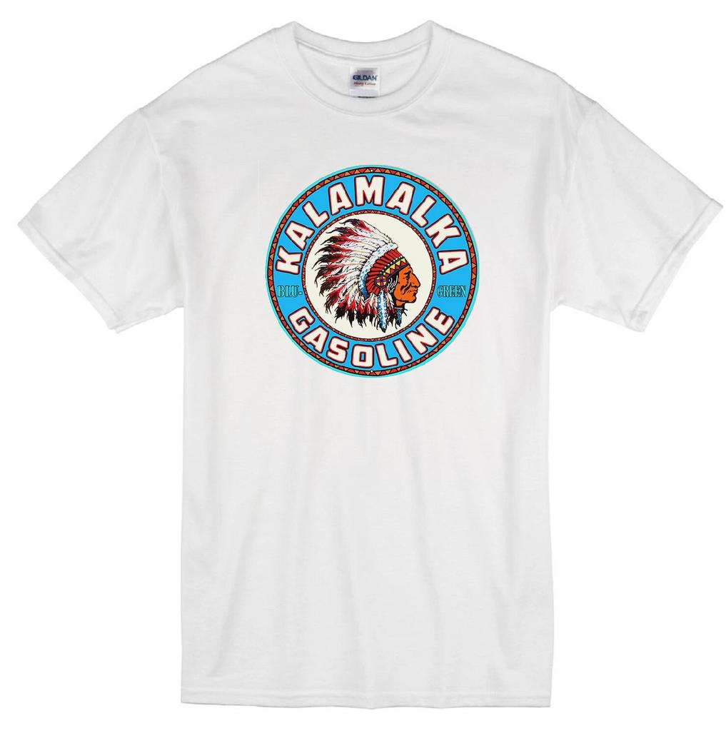 KALAMALKA MOTOR OIL GASOLINE INDIAN CHIEF BLU-GREEN RETRO LOGO WHITE T-shirt