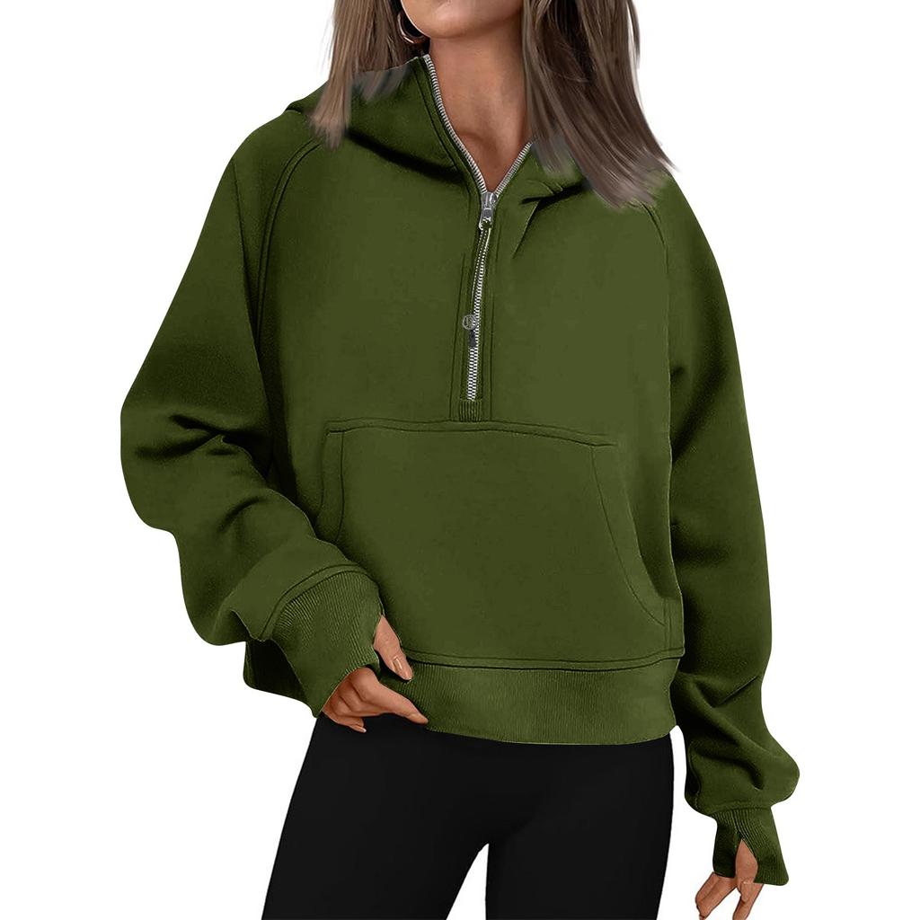 Women's Hoodies Solid Color Loose Short Half Zip Pockets Thumb Hole Long Sleeve  Pullover Sweatshirts
