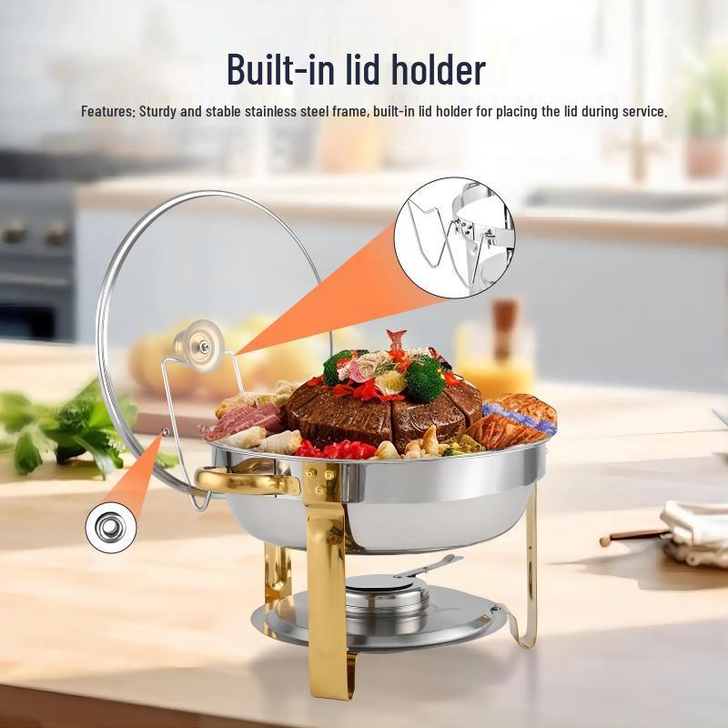 Stainless Steel 5L Round Alcohol Buffet Stove with Glass Lid and Hook for Outdoor Use