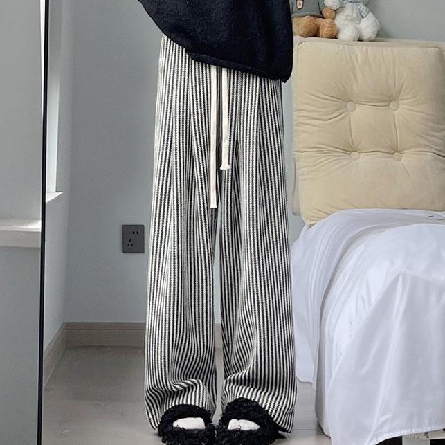 High-Quality Women's Retro Striped Wool Pants - Autumn/Winter Casual High-Waisted Slimming Straight-Leg with Wide-Leg Drape