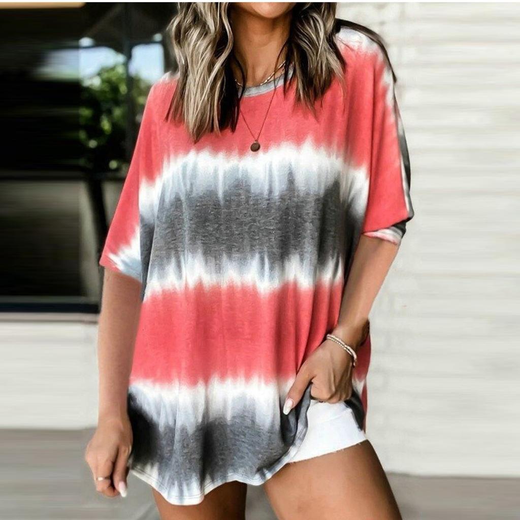 Womens Summer Fasion Short Sleeve Round Neck Tie-Dye Print Casual T Shirt Tops