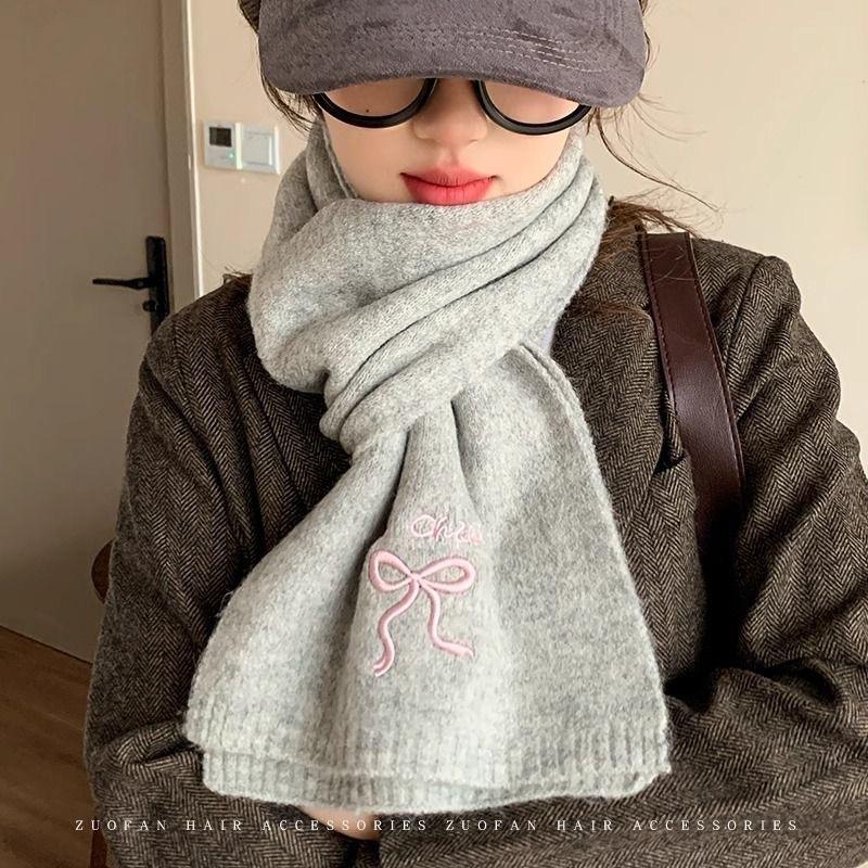 Winter Warm Knitted Scarf Selected Autumn and Winter Wool Blended Monochrome Embroidered Scarf Women's New Versatile Parent Child Style