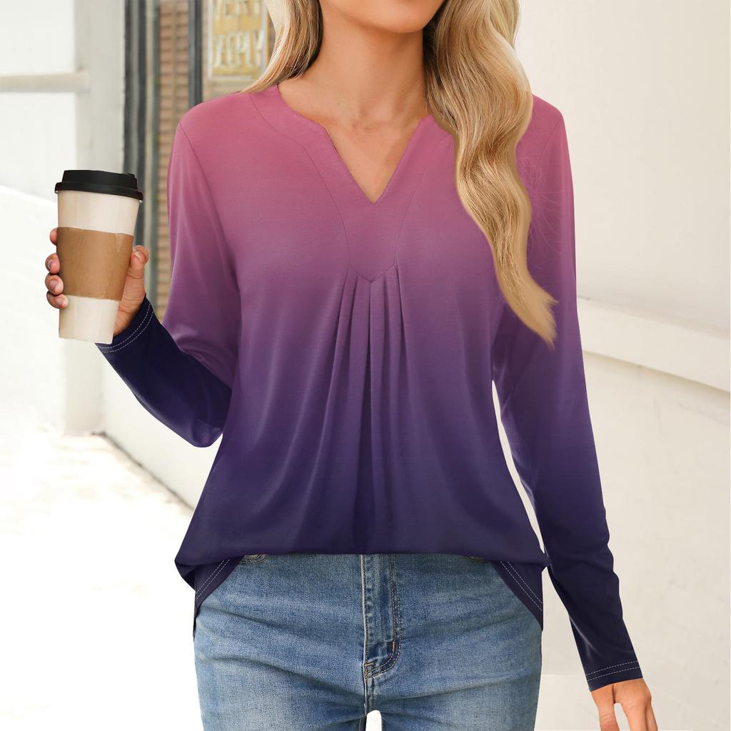 Women's Fashion Casual Long Sleeve Shirt Gradient Printed V Neck Up Tops