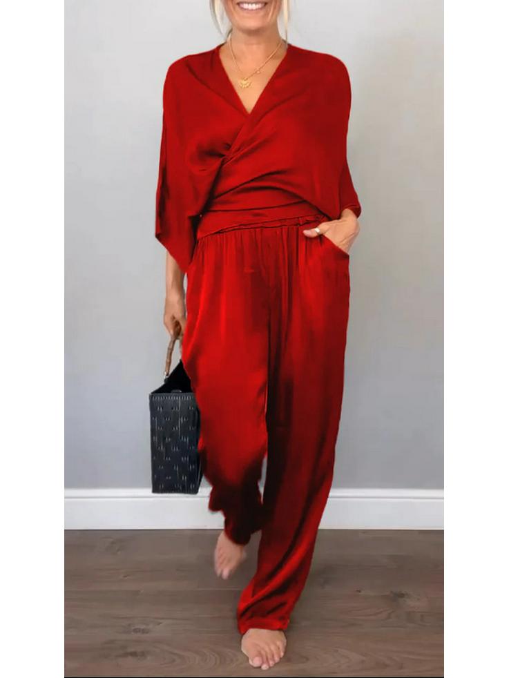 Европейский и американский однотонный атласный женский летний комплект с коротким рукавом (топ и брюки) (2025)