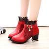 Round Toe Women Fashion Crystal Belt Buckle Boots 6CM Square High Heels Shoes Sexy Leopard Lace Ankle Boots Woman Red Black