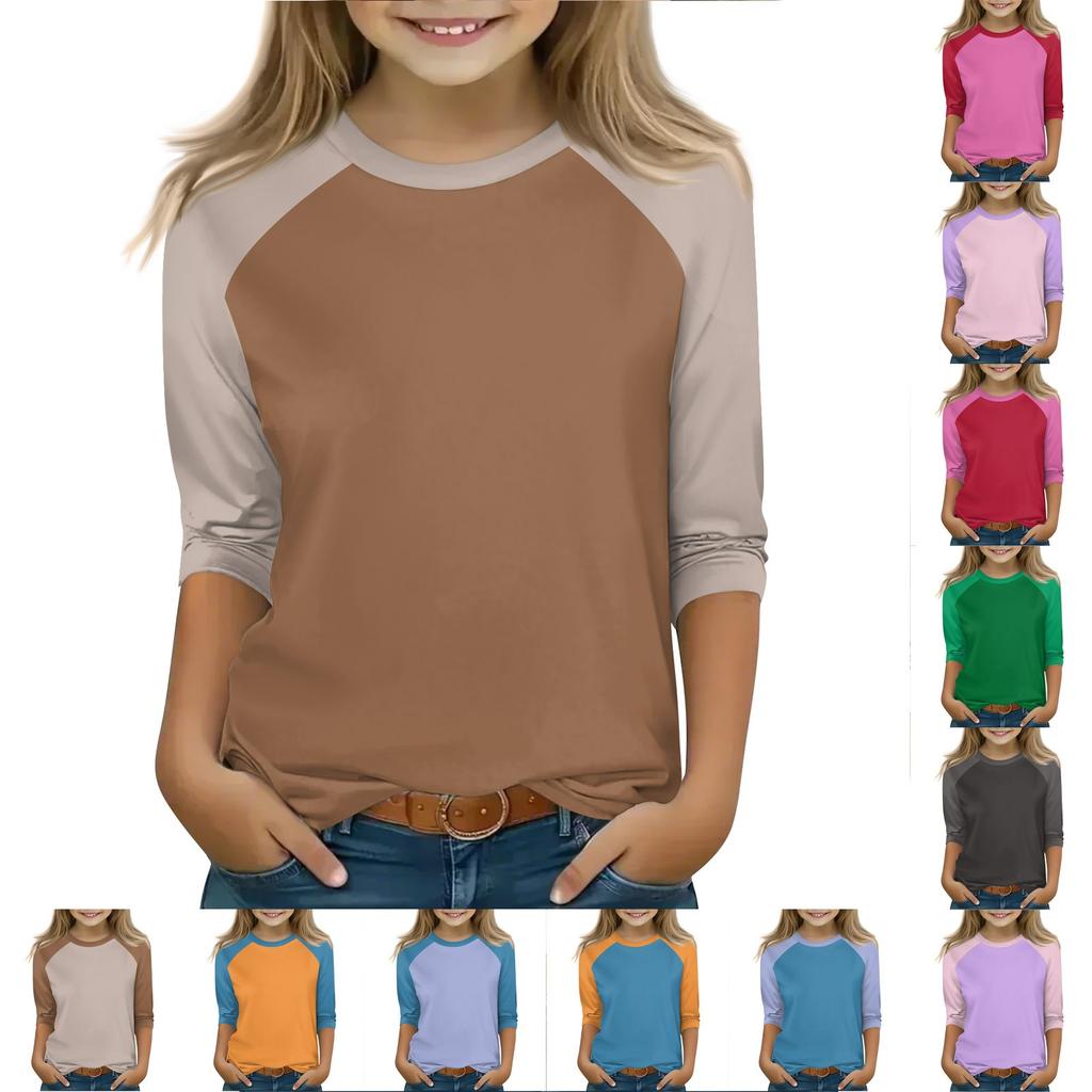 Tops For Youth Girls 4-16 Years Round Neck 3/4 Sleeves T-Shirts Trendy Tops Outfit Tees