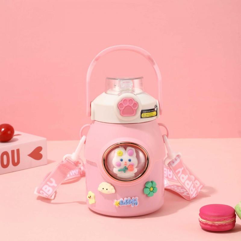 Cute Cartoon Kids Insulated Stainless Steel Water Bottle With Handle Straw 650ml Vacuum Thermos School Travel