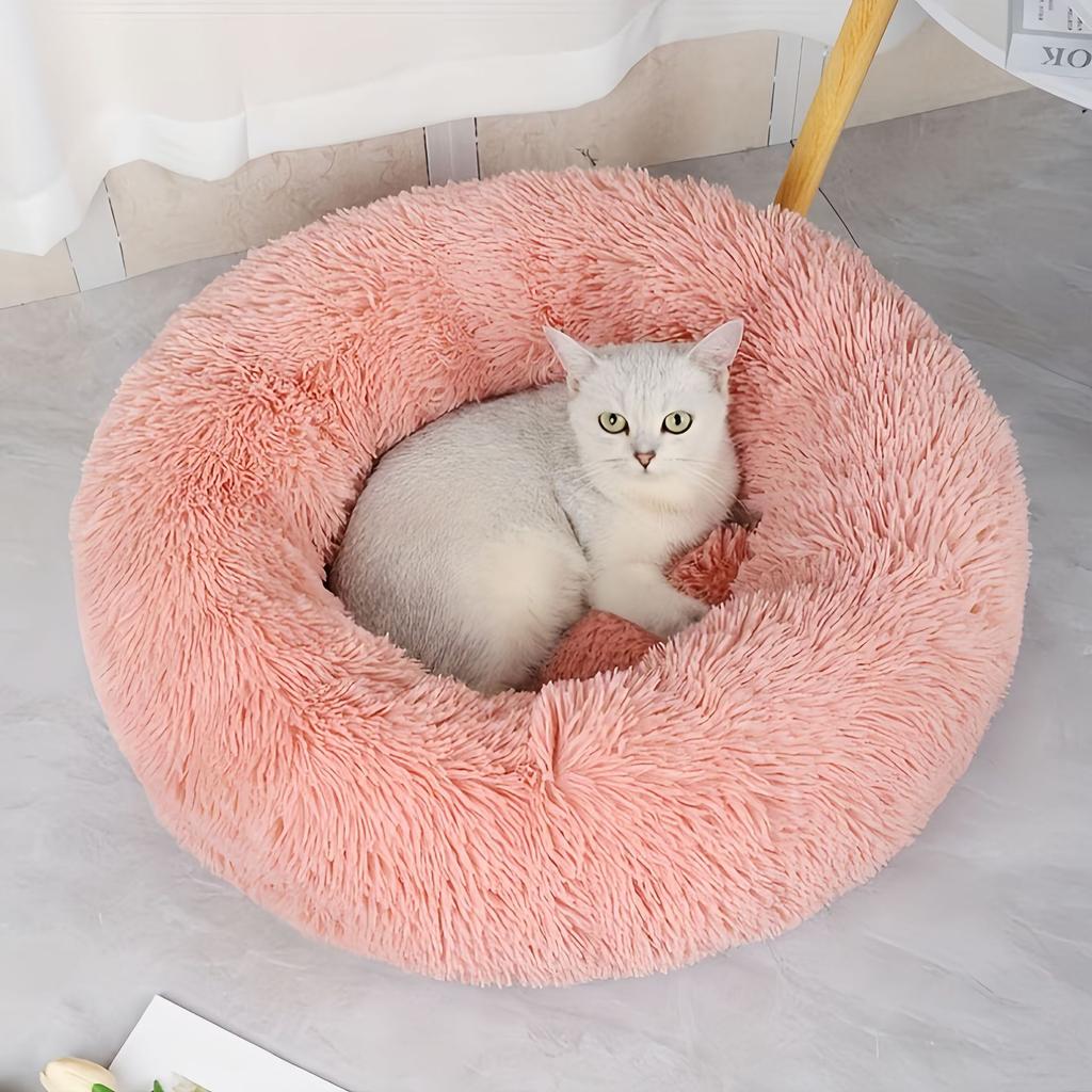 Round Plush Cat Bed Soft Cozy Dog Bed Cushion Long Plush Pet Sleeping Nest for Cats Small Dogs Pad Mat
