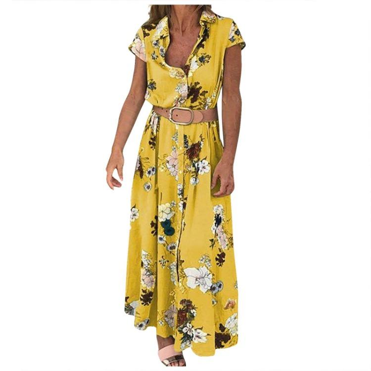 Bohemian Resort Long Dress for Women Ethnic Printed V-Neck Tie Button Retro Style