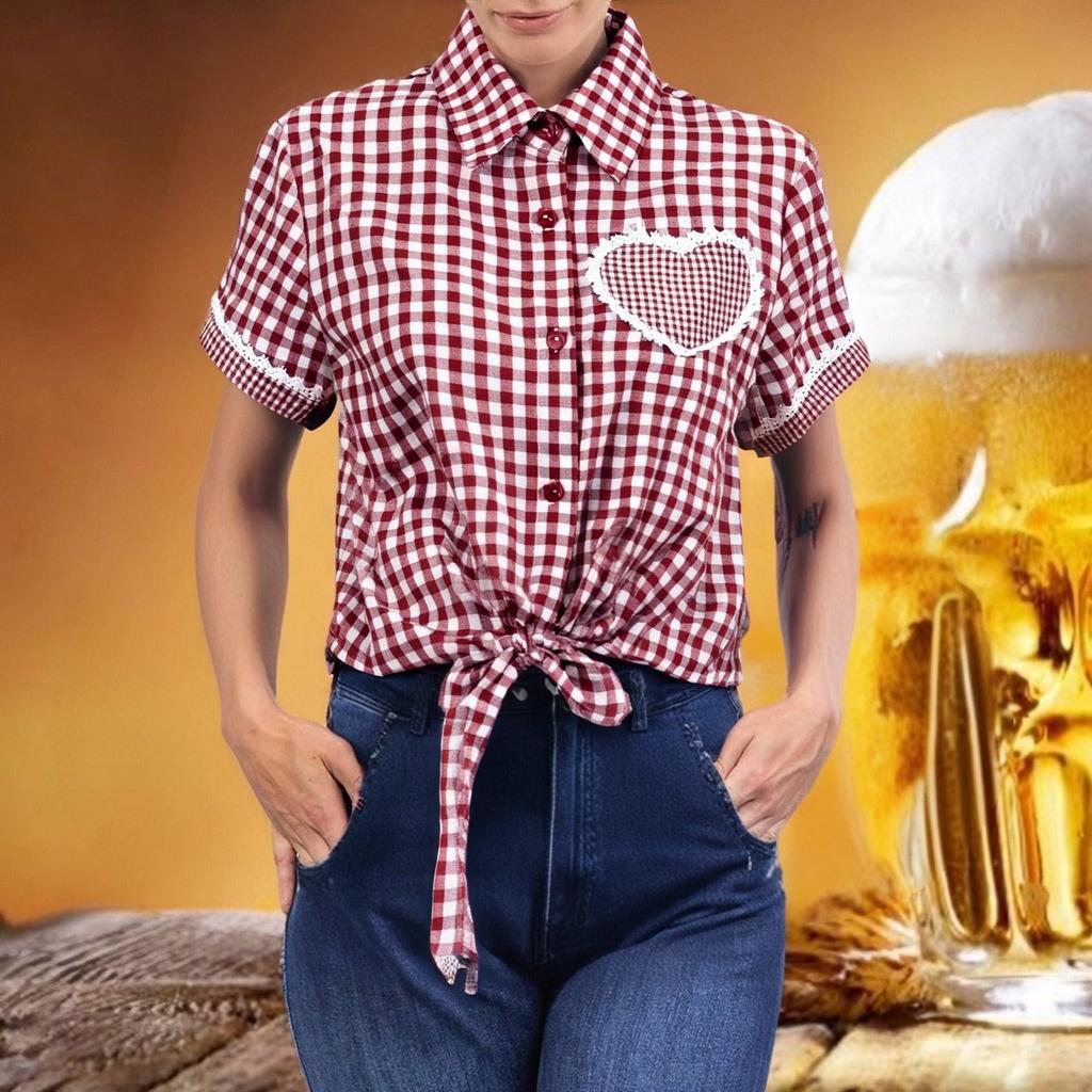 Традиционная женская повседневная клетчатая рубашка с коротким рукавом для пивного фестиваля
