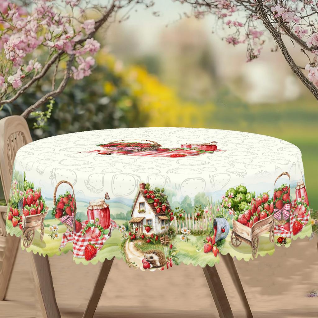 1 Piece Of Strawberry Theme Round And Rectangular Tablecloth, Available In Various Sizes, Pink Strawberry Pattern Printing Design, Retro Farmhouse, Sp