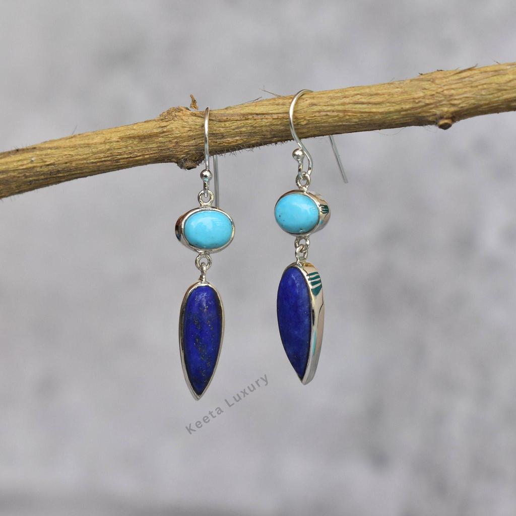 Natural Turquoise And Lapis lazuli dangle earrings Sterling silver handmade cocktail earrings Two stone jewelry, gift for her