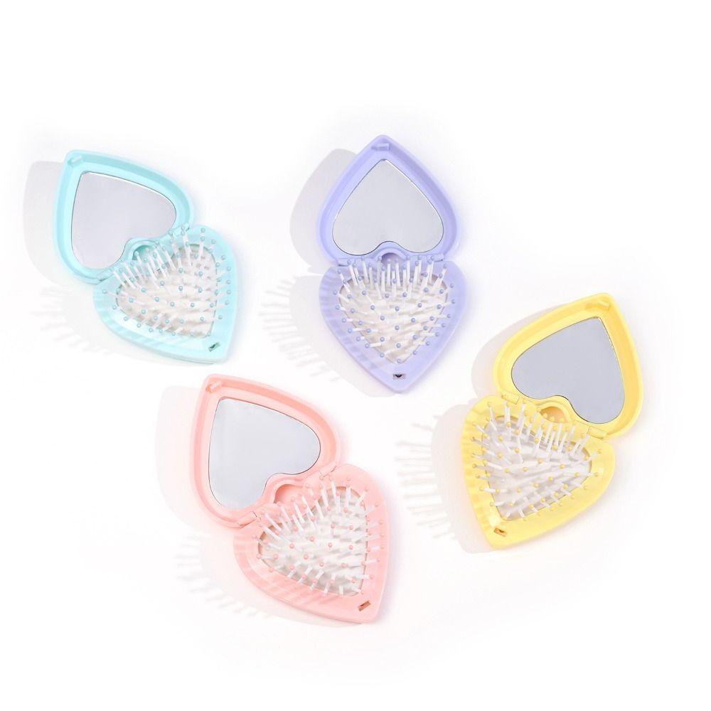 Anti-static Folding Airbag Comb Mini Massage Comb Cute Heart Hair Comb with Mirror  Women Girl