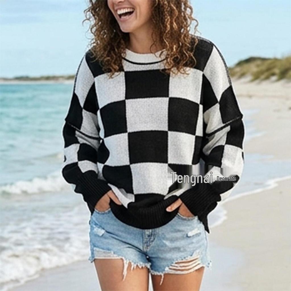 2026 New Plaid Knit Round Neck Women's Sweater - Loose, Versatile Long Sleeve