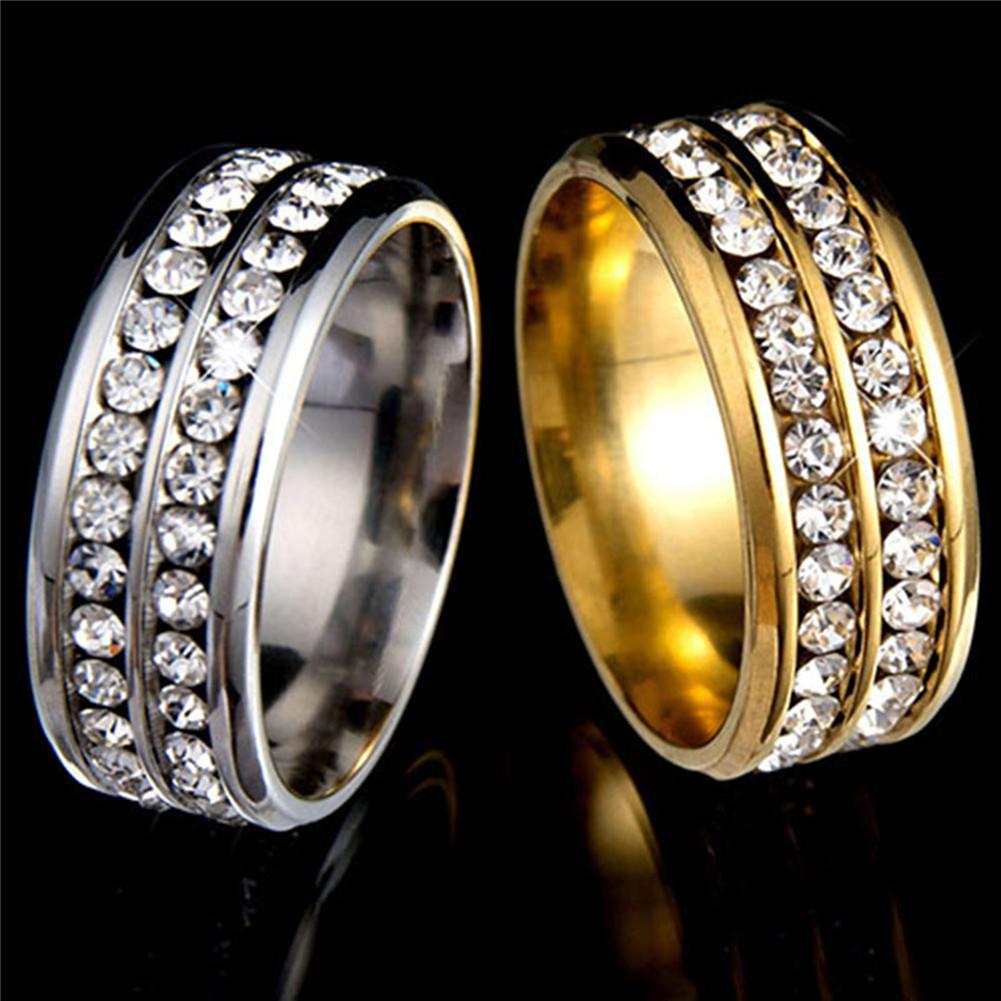 Womens Mens Fashion Double Rows Rhinestones Titanium Steel Wedding Jewelry Ring MIT