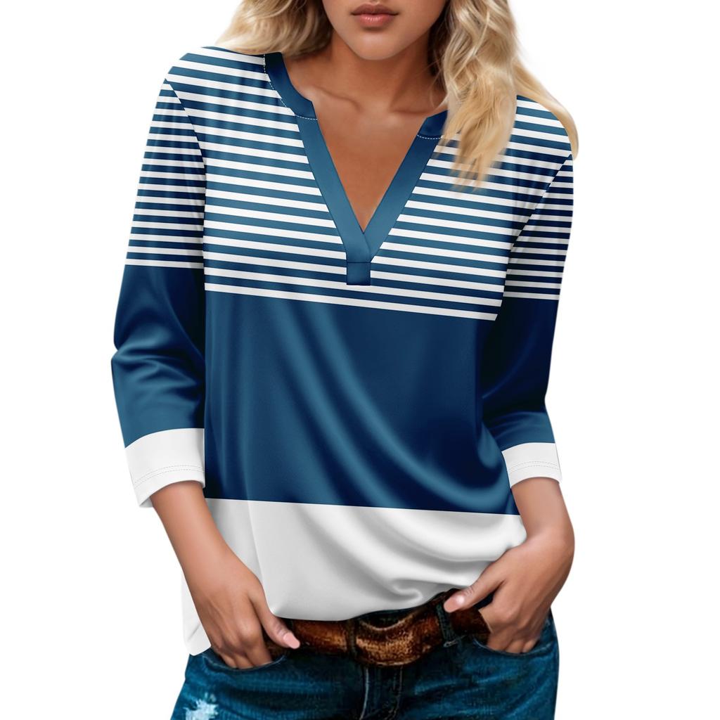 Women's Fashionable And Casual Print V Neck 3/4 Sleeve T Shirt Top Basic V Neck Regular Top