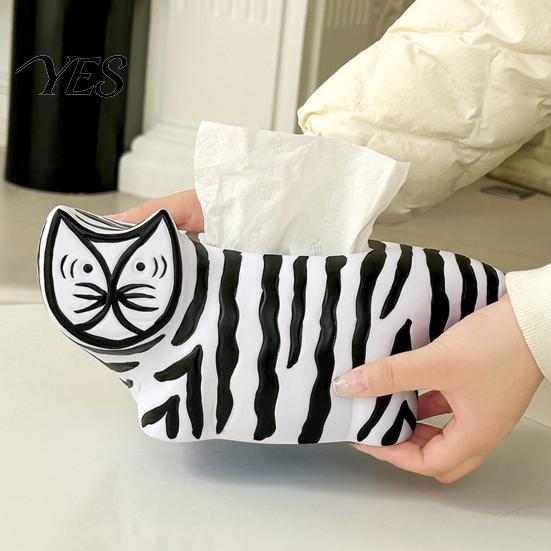 Tissue Box with Storage Box, Striped Cat Shape Dispenser, Ample Interior Living Room Space Vinyl Case, Compact Decorative Durable Paper Holder for Car