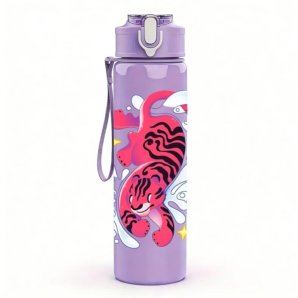 1PC Pink Tiger Ink Splash Art Print 750ml Color Plastic Sports Water Bottle Leakproof Flip Straw Lid Suitable for Sports Office Home Use