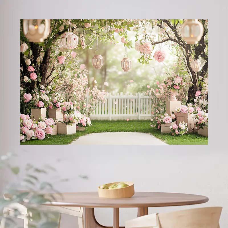Garden Charm Theme Background Wall with Lanterns, Pink Flowers, and White Fence - Perfect for Birthday Parties