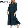 Women's Fashion Spring Autumn Solid Color Print Long Sleeve POLO Neck High Waist Casual Dresses