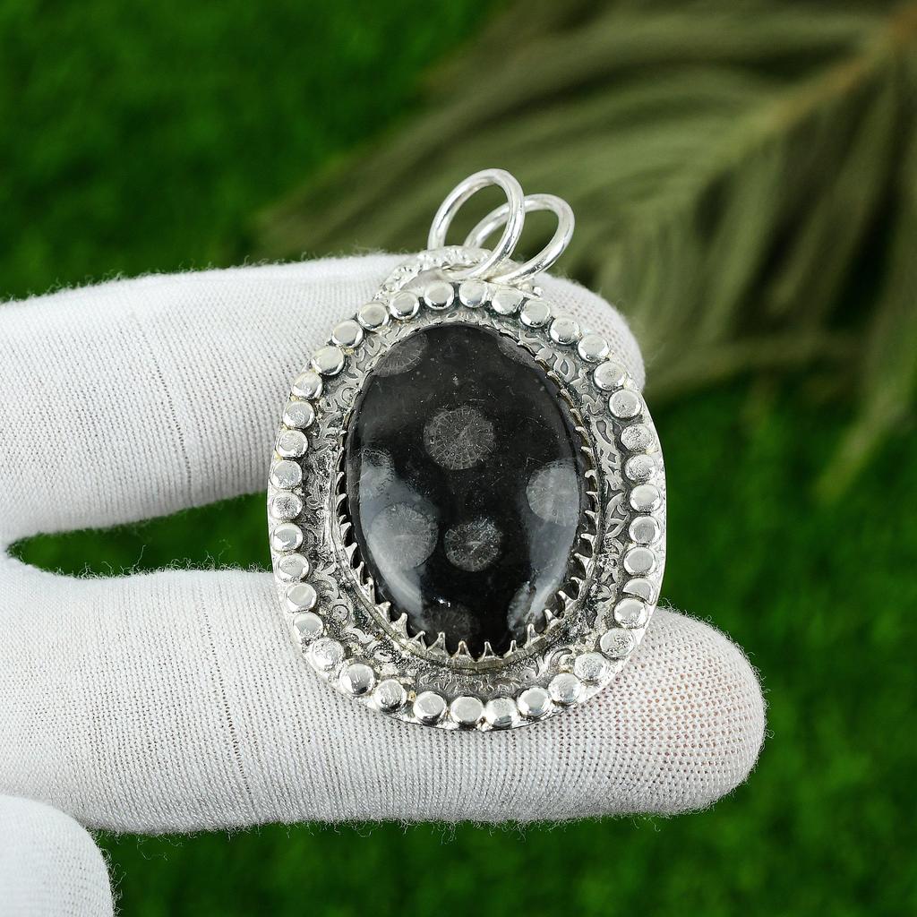 Natural Black Fossil Coral Gemstone 925 Sterling Silver Pendant For Women
