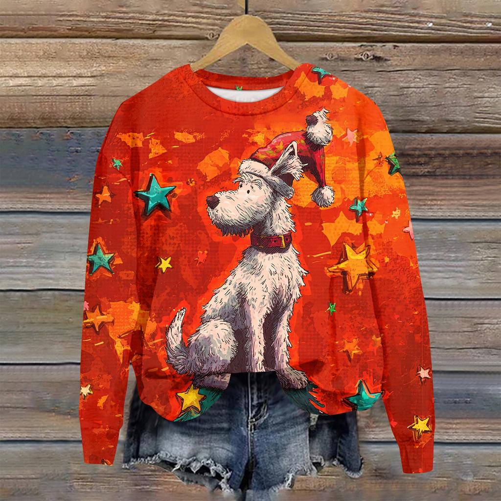 Женская толстовка с рождественским принтом, с длинным рукавом и круглым вырезом, свободный топ