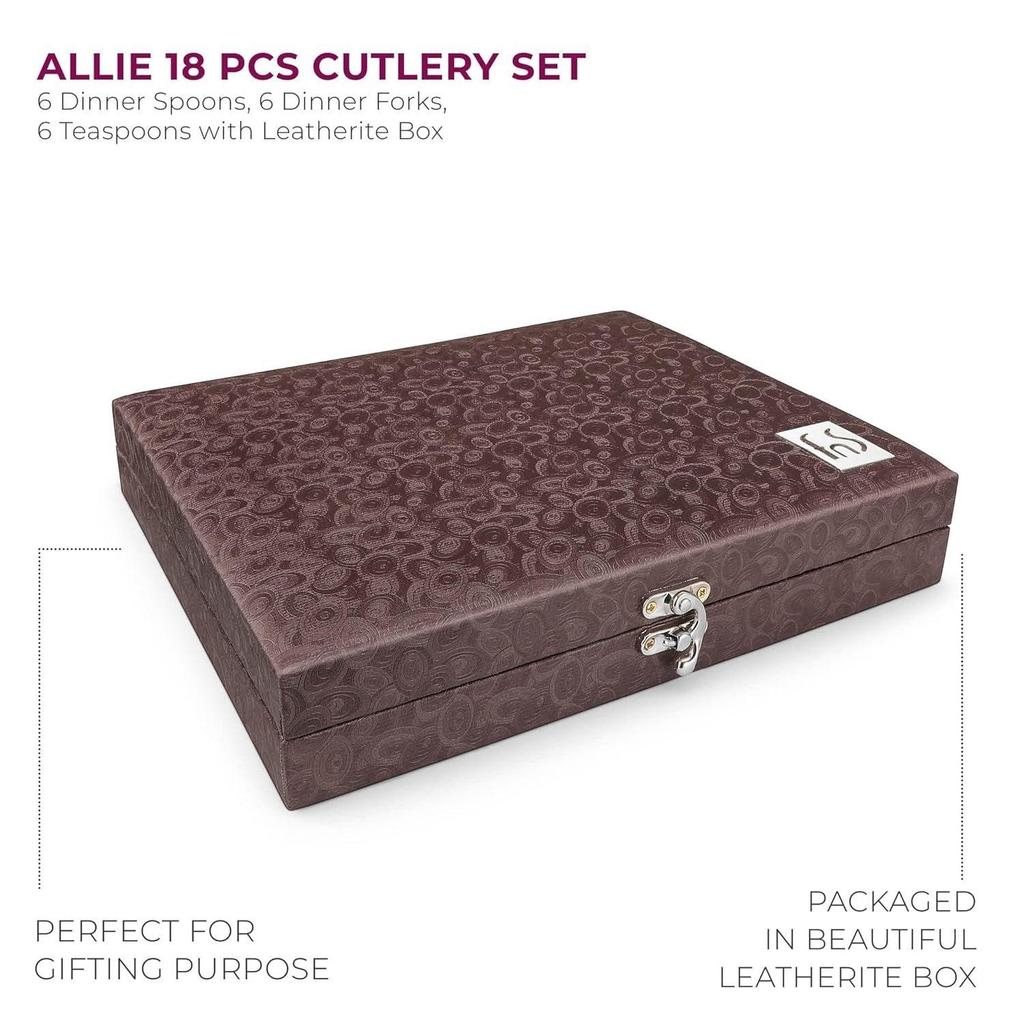 Набор столовых приборов Allie из 18 предметов из нержавеющей стали розового золота с коробкой из кожзаменителя (6 обеденных ложек, 6 обеденных вилок, 6 чайных ложек)