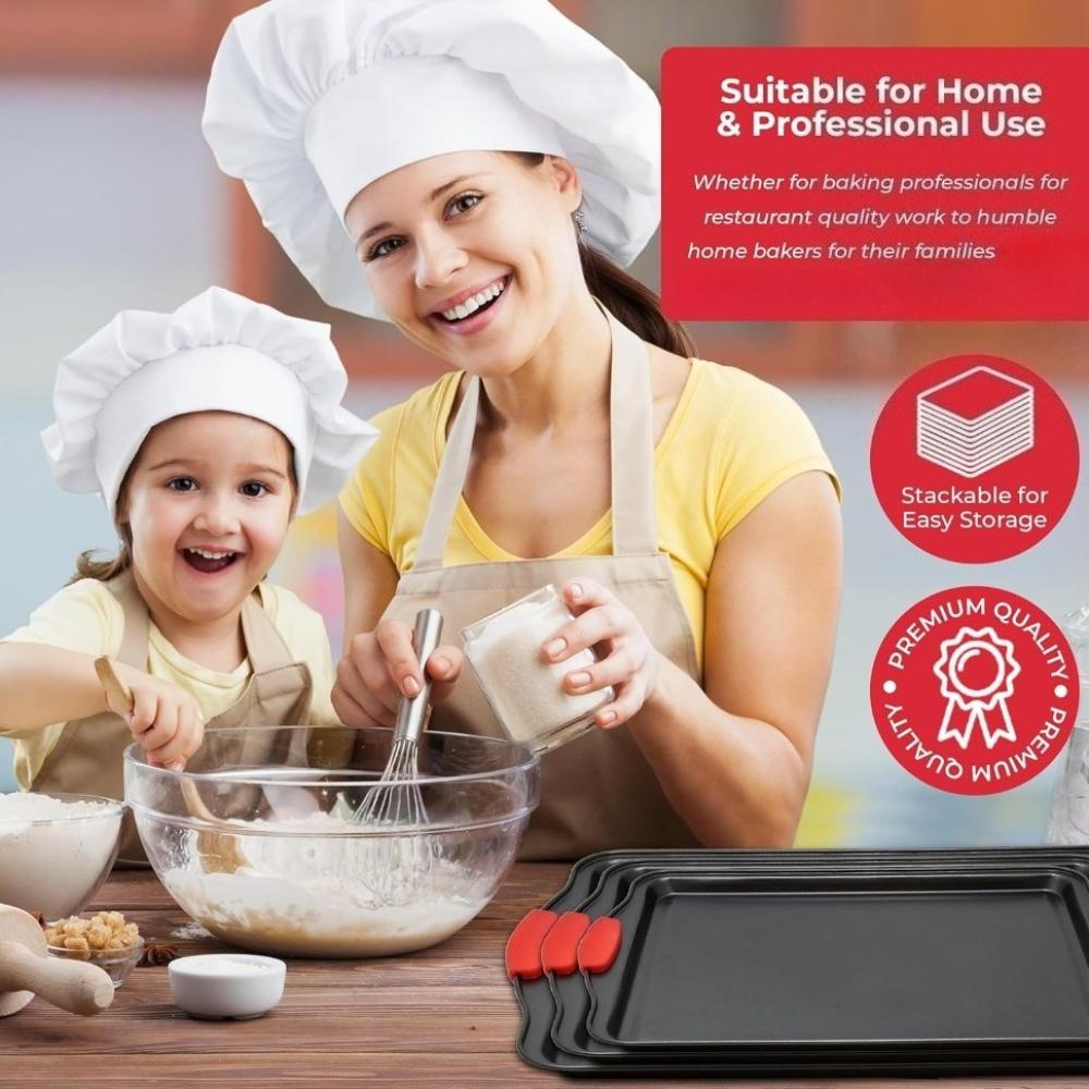 Baking Pan Set Nonstick Black Carbon Steel with Silicone Handles Stackable Baking Trays Set for Cookies Baking Kitchen Bakeware