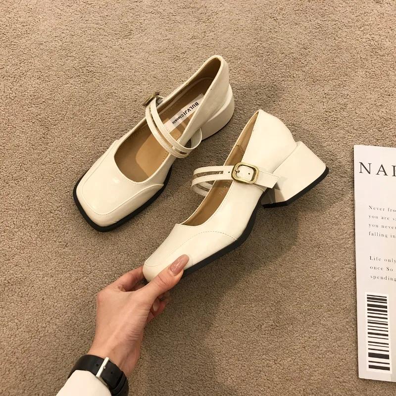 2024 Женская обувь Мэри Джейн Модные однотонные простые туфли в студенческом стиле на низком каблуке Повседневные ретро-туфли из кожи