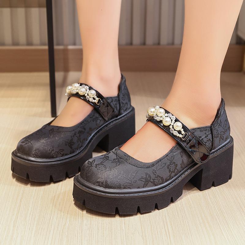 New Single Shoes Autumn French Style Skirt Mary Jane Shoes Pearl Chinese Style with Small Leather Shoes Women's Platform Evening