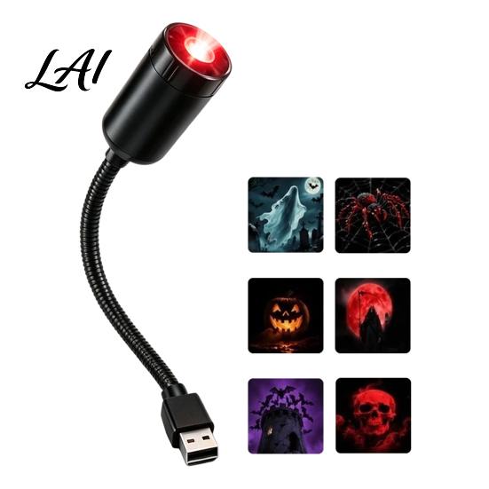 Portable USB Powered Lamp Halloween Night Light Projector 6 Horror Projection Discs 360-degree Adjustment Pumpkin Pattern LED Atmosphere