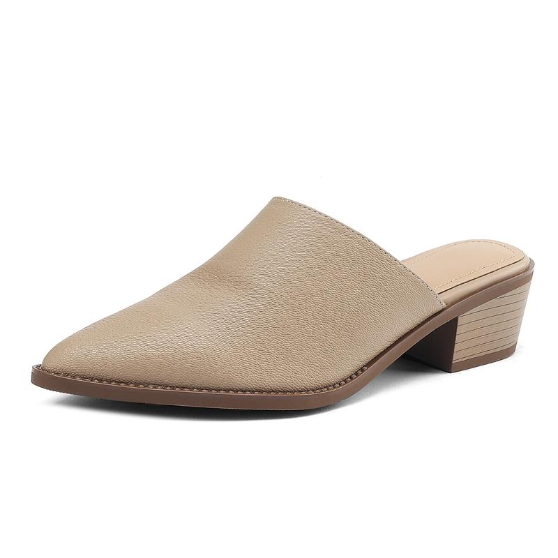 Fashion Women's New Spring/Summer Pointed Leather Sheepskin Headband Comfortable Mid Heel Large Muller Slippers