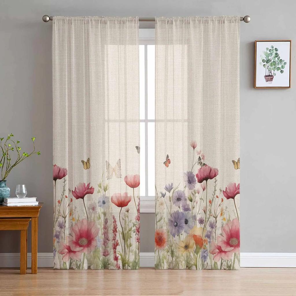 Beautiful Blooming Branches Tulle Window Curtain For Living Room Bedroom Voile Sheer Curtains Kitchen Treatments Drapes