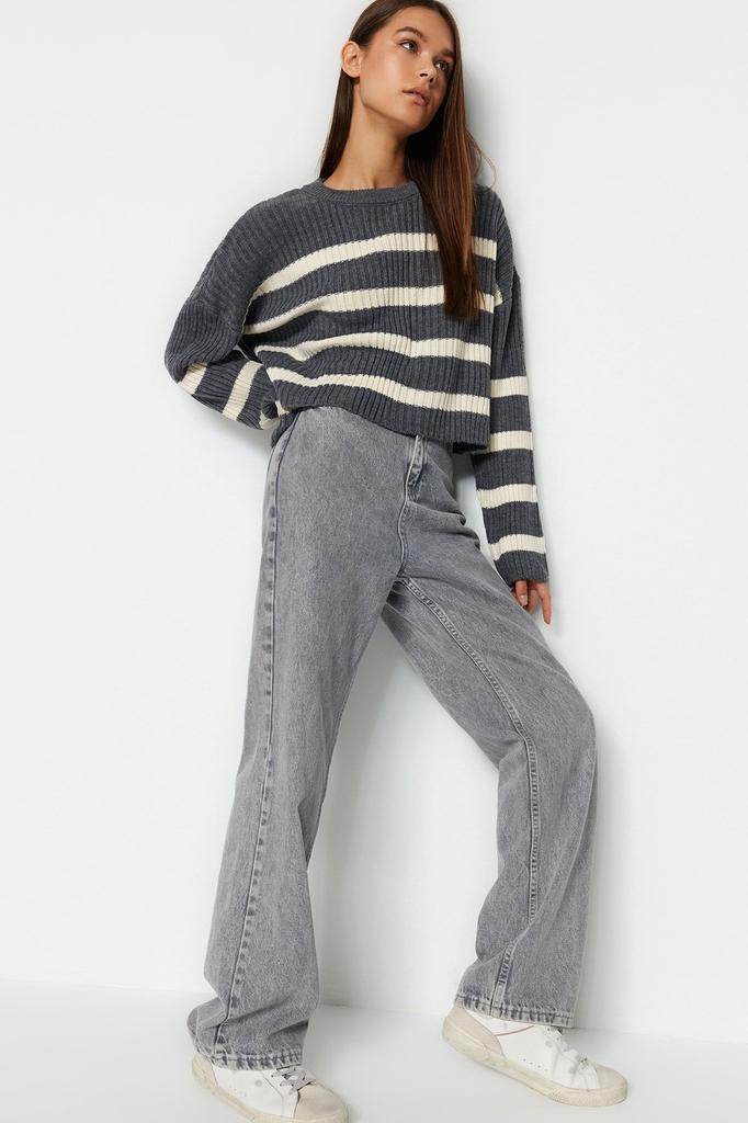 Женский свитер в элегантном стиле, укороченный вязаный свитер в полоску с камнями